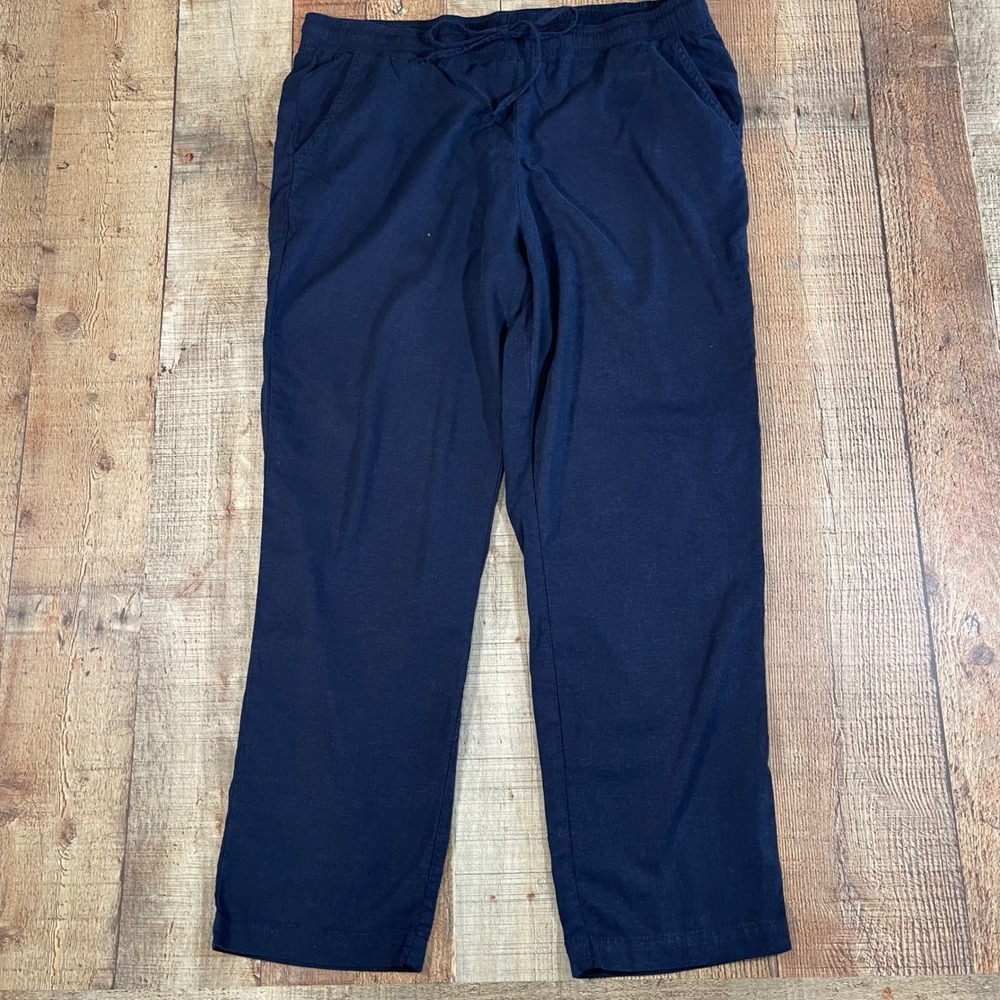 Kut from the Kloth Linen Blend Drawstring Pants Large L Navy Blue Straight Leg